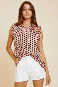Ruffle Collar And Sleeves Printed Top