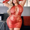 Plus Size Criss Cross Detail Fishnet Dress With Sleeves -Selected Women's Clothing Store 818JT159Q red