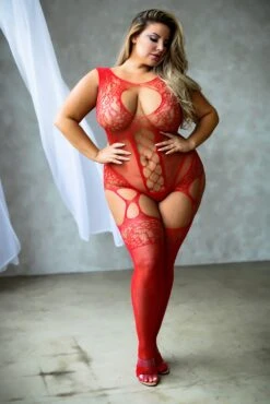 Plus Size High Neck Lace Keyhole Garter Fishnet Bodystocking With Thong -Selected Women's Clothing Store 818JT169Q RED edited skinfixed
