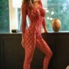 Open Work Fishnet 3/4 Sleeve Crotchless Bodystocking Thong Included -Selected Women's Clothing Store 818JT270 RED web with thong