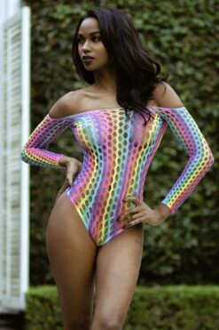 Live For Tonight Rainbow Off Shoulder Fishnet Bodysuit