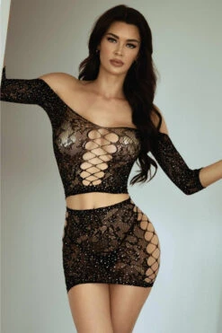 Diamond In The Rough Two-Piece Rhinestone Bodystocking Set With Thong