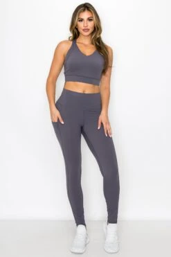 SUPER SOFT Sport Bra And Leggings Active Set With Pockets -Selected Women's Clothing Store ACT690 CHA ACT827120 CHA2