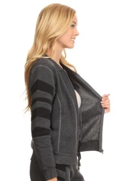 Fleece Lined Striped Zip Up Jacket -Selected Women's Clothing Store ATP003 BLK 2