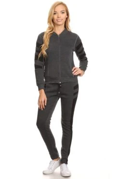 Fleece Lined Striped Zip Up Jacket -Selected Women's Clothing Store ATP003 BLK 5