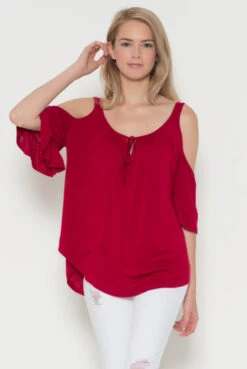Resistible Ruffles Cold Shoulder Knit Top -Selected Women's Clothing Store AY17720 BUG