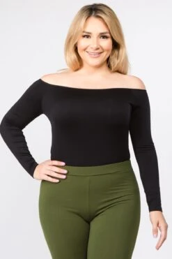 Plus Size Off Shoulder Long Sleeve Bodysuit -Selected Women's Clothing Store BS1004P BLK be42c39b 9d93 4e34 8021 572c67f6b761