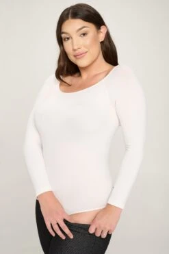 Plus Size Off Shoulder Long Sleeve Bodysuit -Selected Women's Clothing Store BS1004P WHT