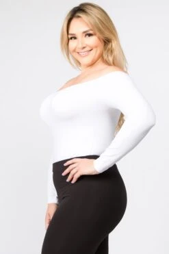 Plus Size Off Shoulder Long Sleeve Bodysuit -Selected Women's Clothing Store BS1004P WHT 1 0f4d08c2 41e0 457c 9843 17fd04a54ff4