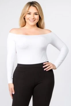Plus Size Off Shoulder Long Sleeve Bodysuit -Selected Women's Clothing Store BS1004P WHT 2e866f70 9367 44bb 93a3 0bb7a56edd8e