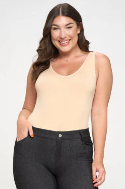 Plus Size Basic V-Neck Tank Top Bodysuit -Selected Women's Clothing Store BS1013P NUD2