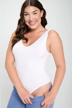 Plus Size Basic V-Neck Tank Top Bodysuit -Selected Women's Clothing Store BS1013P WHT1