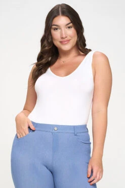 Plus Size Basic V-Neck Tank Top Bodysuit -Selected Women's Clothing Store BS1013P WHT2