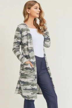 Camouflage Cardigan With Pockets -Selected Women's Clothing Store CRD017 GRN l