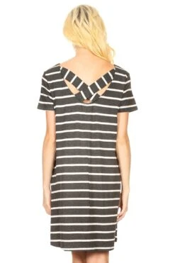 Striped Criss Cross Back Tunic Dress With Pockets -Selected Women's Clothing Store DRS038 GRY 4
