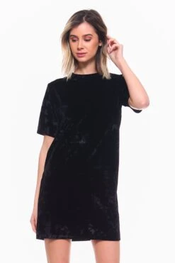 Crushed Velvet T-Shirt Dress -Selected Women's Clothing Store DRS071 BLK