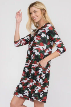 Camo Print A-Line Dress -Selected Women's Clothing Store DRS140REDGRN2