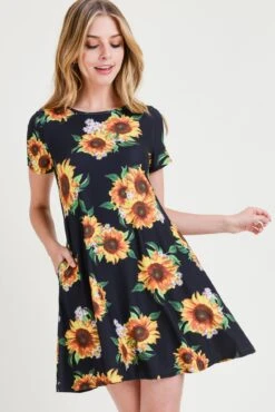 Sunflower Print Short Sleeve Fit And Flare Dress