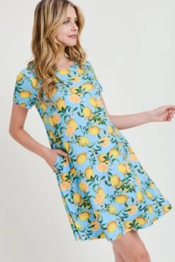 Refreshing Lemon Print Short Sleeve Fit And Flare Dress -Selected Women's Clothing Store DRS165 AQU 3 cd31cf51 3659 4a60 8a67 228fd7b562a8