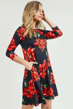 Blooming Poinsettia Christmas Dress With Pockets -Selected Women's Clothing Store DRS210 BLK 2