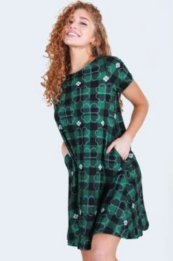Stay Lucky 4-Leaf Clover Plaid Printed Dress With Pockets