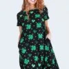 Shamrocks And Polka Dots Printed A-line Dress -Selected Women's Clothing Store DRS219 BLK 1 9807dc0a a52b 4496 a7af f5f70e42eebb