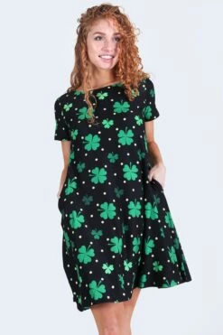 Shamrocks And Polka Dots Printed A-line Dress