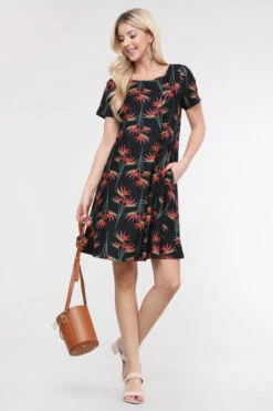 Birds Of Paradise Short Sleeve Fit & Flare Dress -Selected Women's Clothing Store DRS237 BLK
