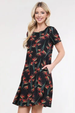 Birds Of Paradise Short Sleeve Fit & Flare Dress -Selected Women's Clothing Store DRS237 BLK2