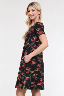 Birds Of Paradise Short Sleeve Fit & Flare Dress -Selected Women's Clothing Store DRS237 BLK3