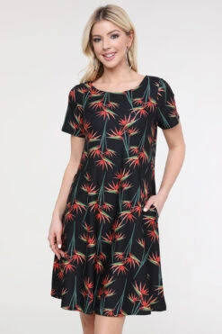 Birds Of Paradise Short Sleeve Fit & Flare Dress -Selected Women's Clothing Store DRS237 BLK 2