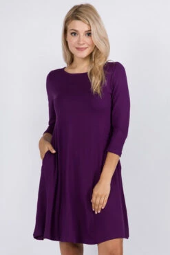 Free And Easy ¾ Sleeve Summer Swing Dress -Selected Women's Clothing Store DRS250 PUR3