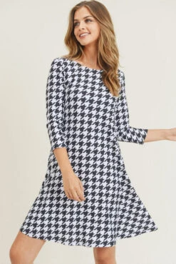 Houndstooth ¾ Sleeve Dress -Selected Women's Clothing Store DRS257 WHT 2 l