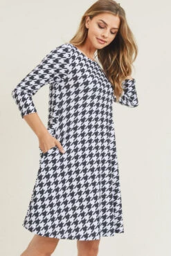 Houndstooth ¾ Sleeve Dress -Selected Women's Clothing Store DRS257 WHT 3 l
