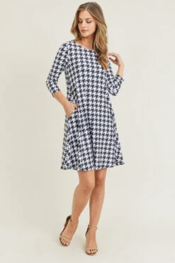 Houndstooth ¾ Sleeve Dress -Selected Women's Clothing Store DRS257 WHT 6 l
