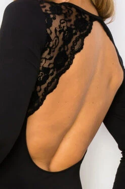 Womens Backless Lace Trim Midi Long Sleeve Dress -Selected Women's Clothing Store DRS340 BLK 4 l