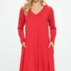Women's V-neck Above The Knee Dress With Pockets -Selected Women's Clothing Store DRS341 RED