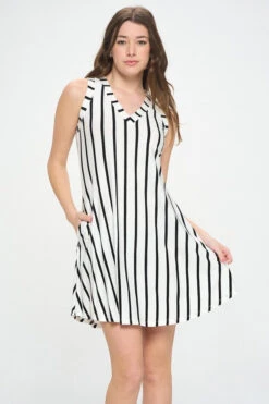 Women's Striped Sleeveless Dress -Selected Women's Clothing Store DRS354 WHT l