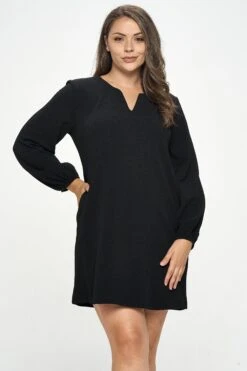Plus Women's Long Sleeve Shift Dress -Selected Women's Clothing Store DRS361P BLK