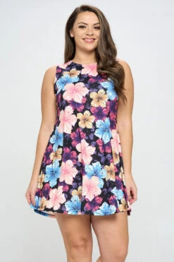 Plus Size Vibrant Hibiscus Printed Pocket Dress -Selected Women's Clothing Store DRSPT048p BLK l