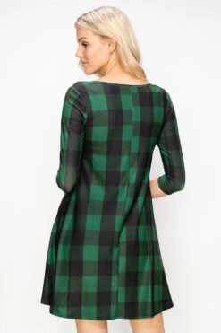 Checkered Plaid A-Line Christmas Dress -Selected Women's Clothing Store DRSPT051 GRN3