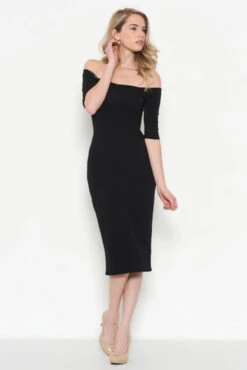 The Classic Off Shoulder Midi Bodycon Dress -Selected Women's Clothing Store JD16929Q BLK