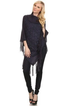 Sequin Fringe Poncho -Selected Women's Clothing Store PCH032 NAV l
