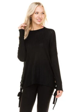 Home For The Weekend Side Lace-Up Ribbed Top -Selected Women's Clothing Store RT31370L BLK
