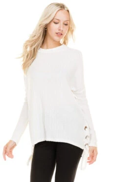 Home For The Weekend Side Lace-Up Ribbed Top -Selected Women's Clothing Store RT31370L WHT
