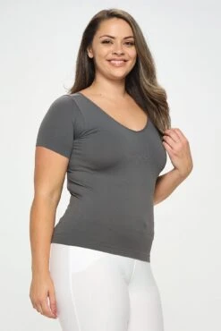 Plus Size Women’s Essential Reversible Seamless Short Sleeve Top -Selected Women's Clothing Store SML639P CHA 2