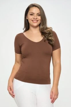 Plus Size Women’s Essential Reversible Seamless Short Sleeve Top -Selected Women's Clothing Store SML639P COF