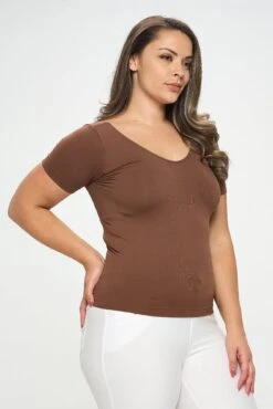 Plus Size Women’s Essential Reversible Seamless Short Sleeve Top -Selected Women's Clothing Store SML639P COF 2