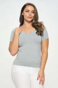 Plus Size Women’s Essential Reversible Seamless Short Sleeve Top -Selected Women's Clothing Store SML639P GRY