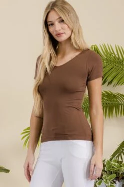 Women’s Essential Reversible Seamless Short Sleeve Top -Selected Women's Clothing Store SML639 COF